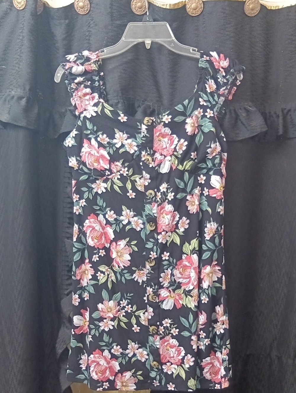 Floral Button-Front Women’s Dress - Black with Pink Floral| Size L